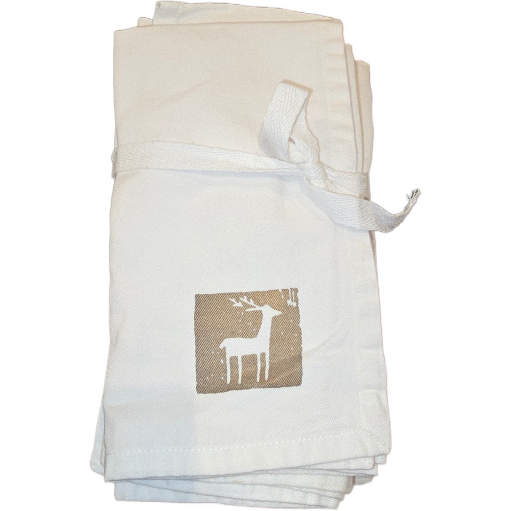 Set of 5 White Cotton Napkins with Tan Reindeer Graphic Holiday Winter Decor